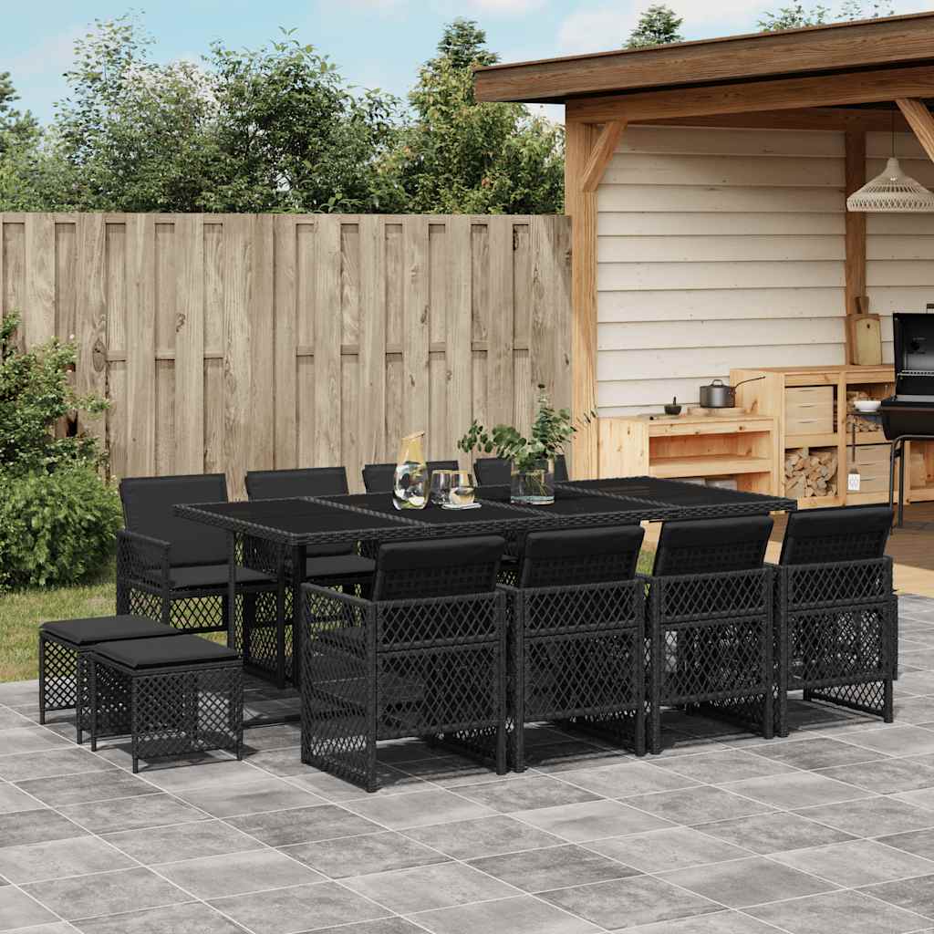 13 Piece Garden Dining Set with Cushions Black Poly Rattan