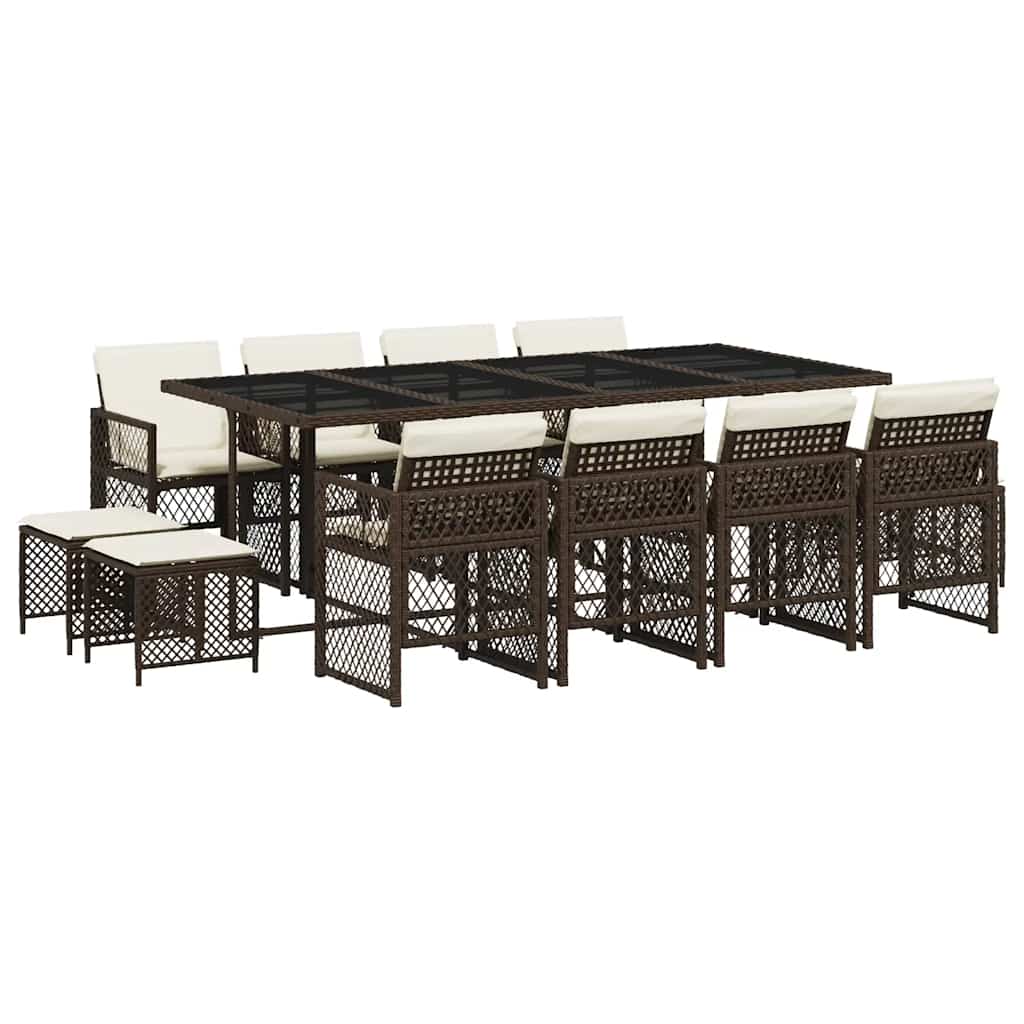 13 Piece Garden Dining Set with Cushions Brown Poly Rattan
