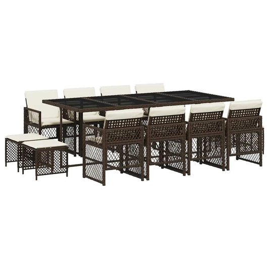 13 Piece Garden Dining Set with Cushions Brown Poly Rattan