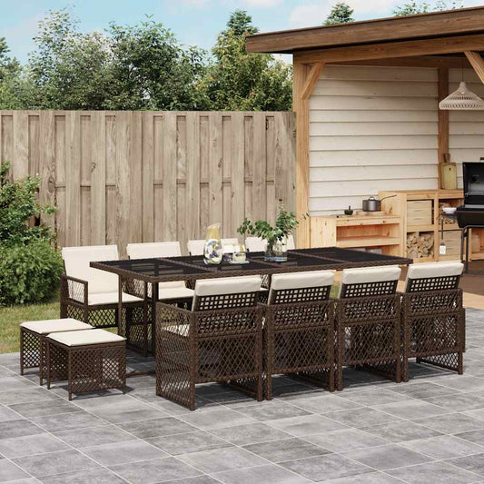 13 Piece Garden Dining Set with Cushions Brown Poly Rattan