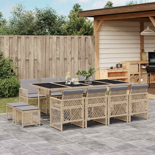 13 Piece Garden Dining Set with Cushions Beige Poly Rattan