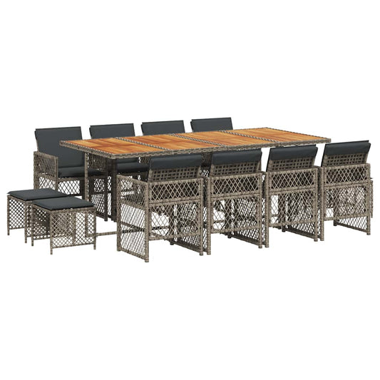 13 Piece Garden Dining Set with Cushions Grey Poly Rattan