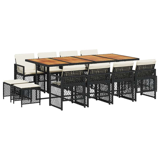 13 Piece Garden Dining Set with Cushions Black Poly Rattan