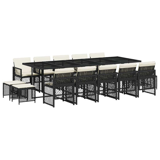 15 Piece Garden Dining Set with Cushions Black Poly Rattan