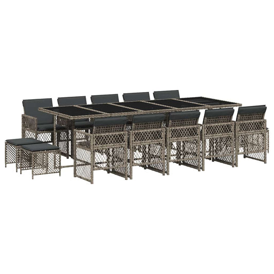 15 Piece Garden Dining Set with Cushions Grey Poly Rattan