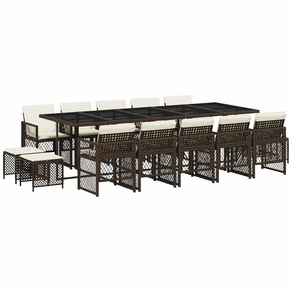 15 Piece Garden Dining Set with Cushions Brown Poly Rattan