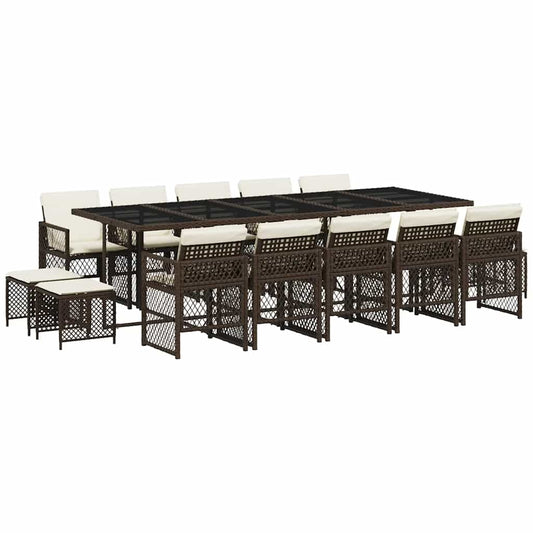 15 Piece Garden Dining Set with Cushions Brown Poly Rattan