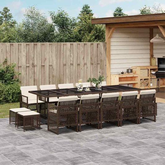 15 Piece Garden Dining Set with Cushions Brown Poly Rattan