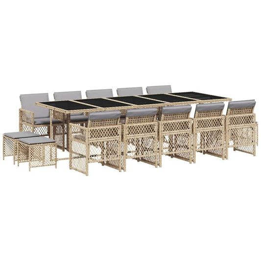 15 Piece Garden Dining Set with Cushions Beige Poly Rattan