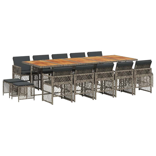 15 Piece Garden Dining Set with Cushions Grey Poly Rattan