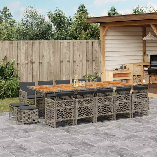 15 Piece Garden Dining Set with Cushions Grey Poly Rattan