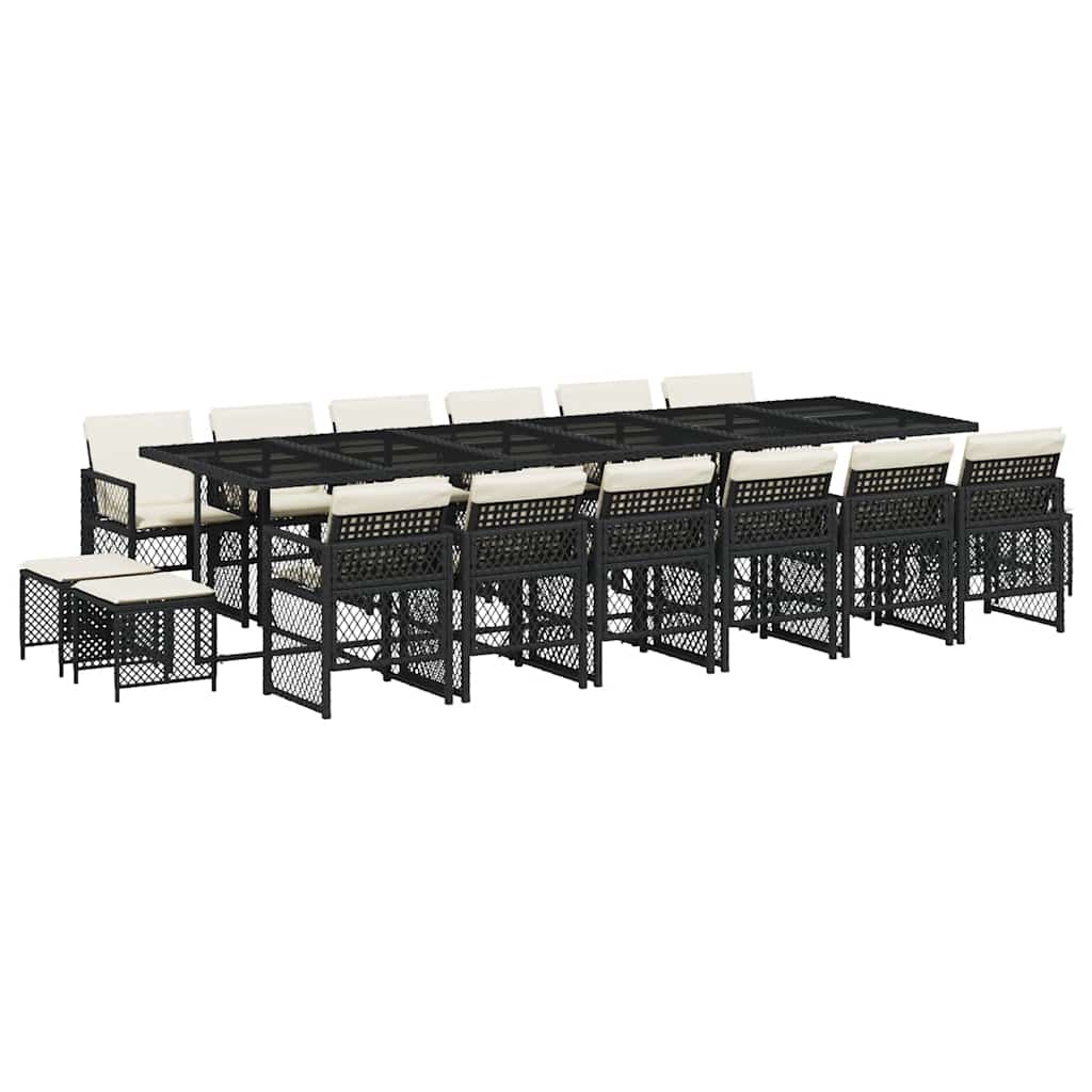 17 Piece Garden Dining Set with Cushions Black Poly Rattan