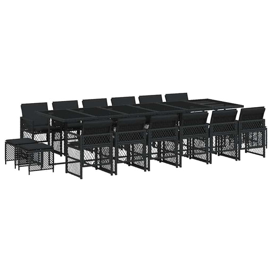 17 Piece Garden Dining Set with Cushions Black Poly Rattan