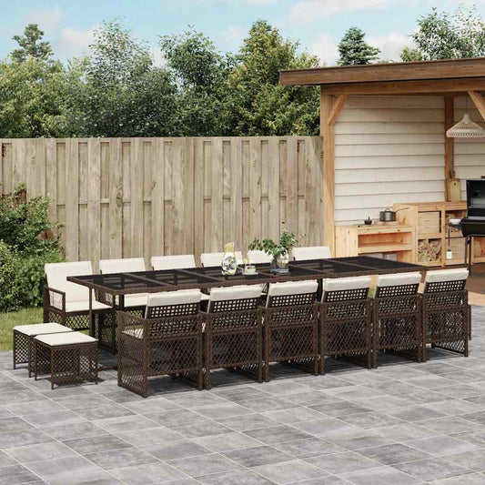 17 Piece Garden Dining Set with Cushions Brown Poly Rattan