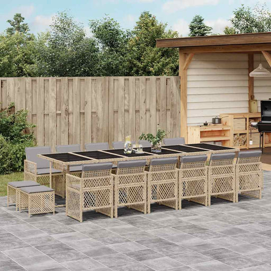 17 Piece Garden Dining Set with Cushions Beige Poly Rattan