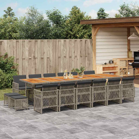 17 Piece Garden Dining Set with Cushions Grey Poly Rattan