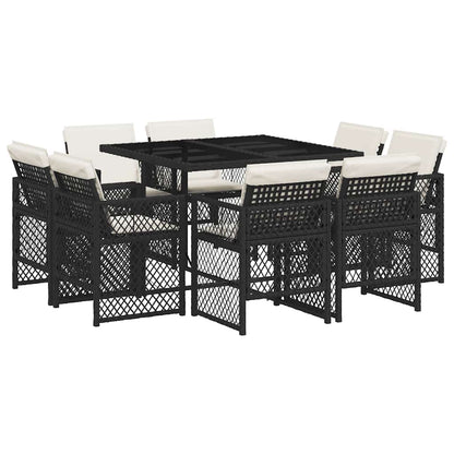 9 Piece Garden Dining Set with Cushions Black Poly Rattan