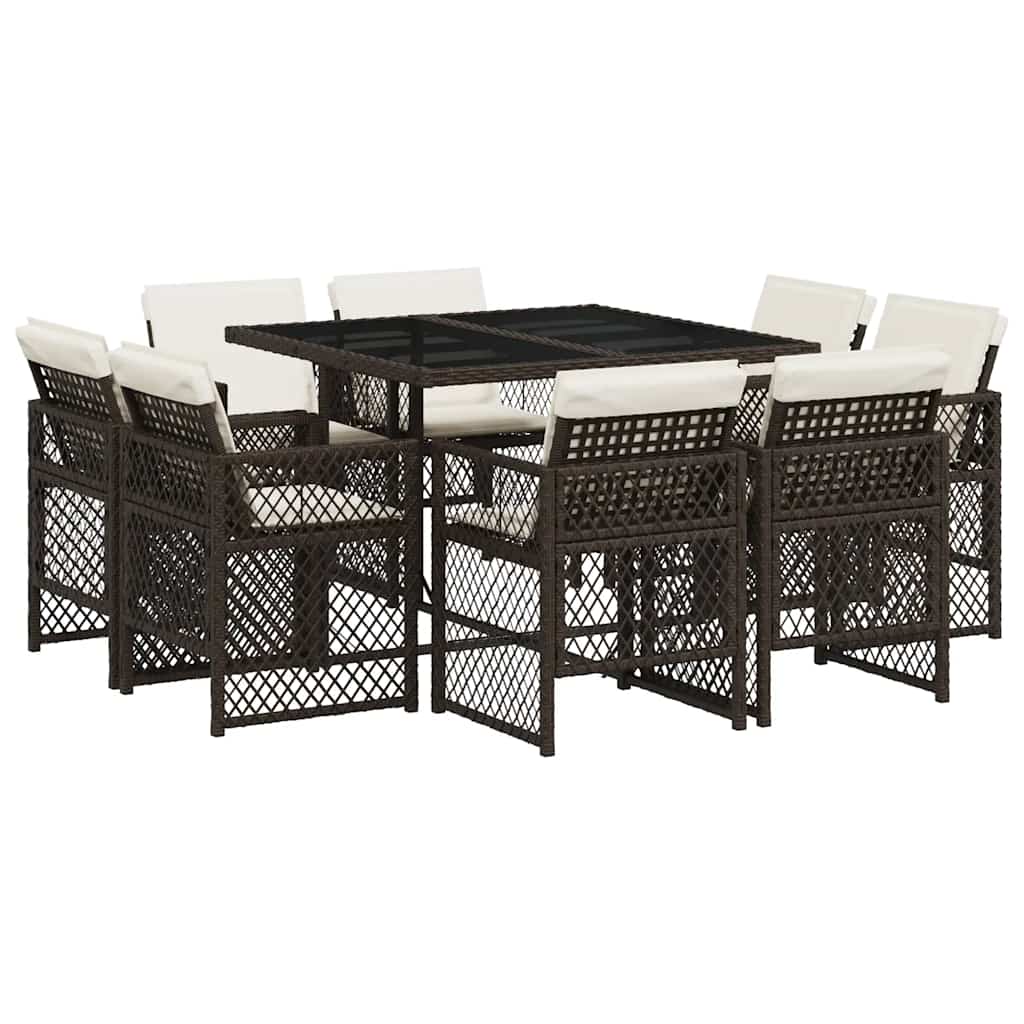 9 Piece Garden Dining Set with Cushions Brown Poly Rattan