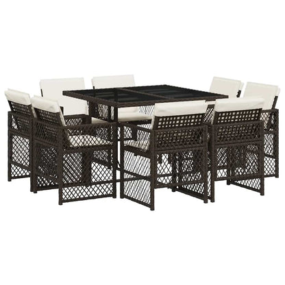 9 Piece Garden Dining Set with Cushions Brown Poly Rattan