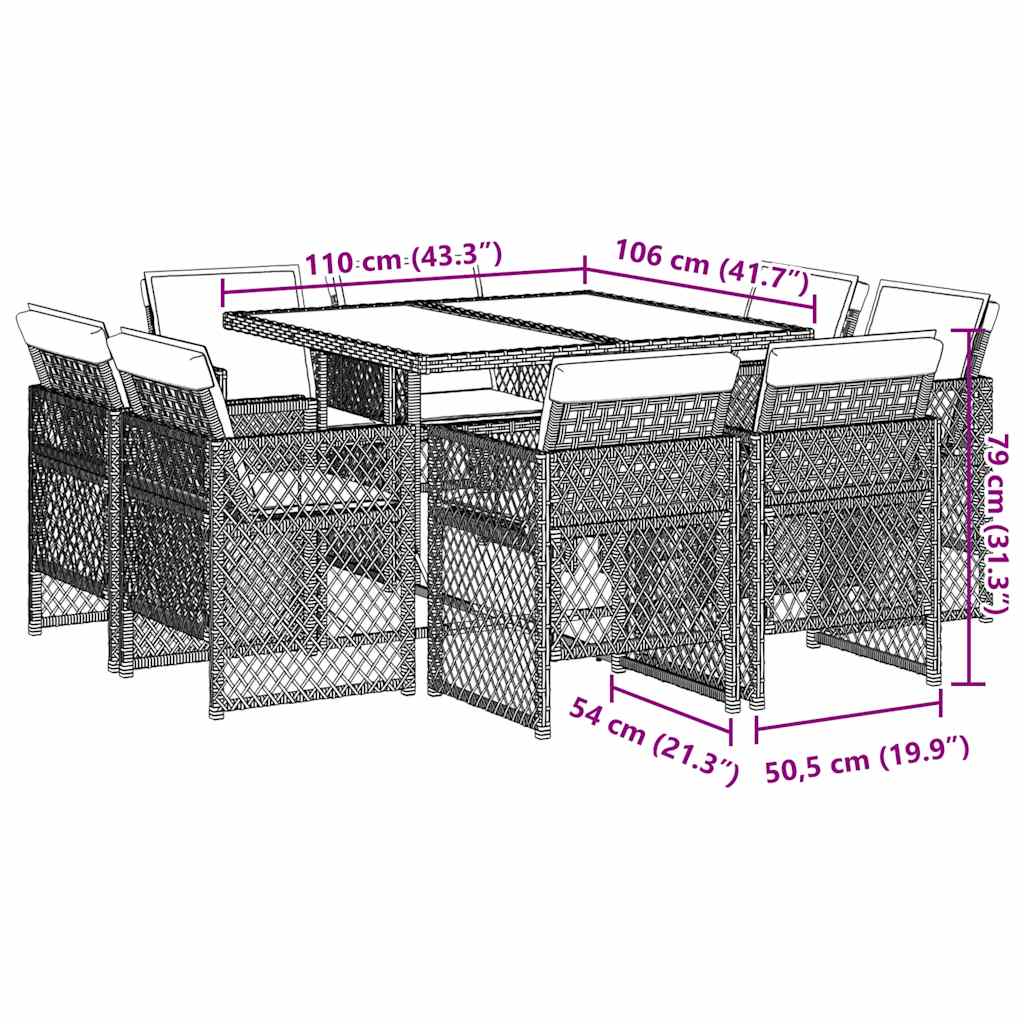 9 Piece Garden Dining Set with Cushions Brown Poly Rattan