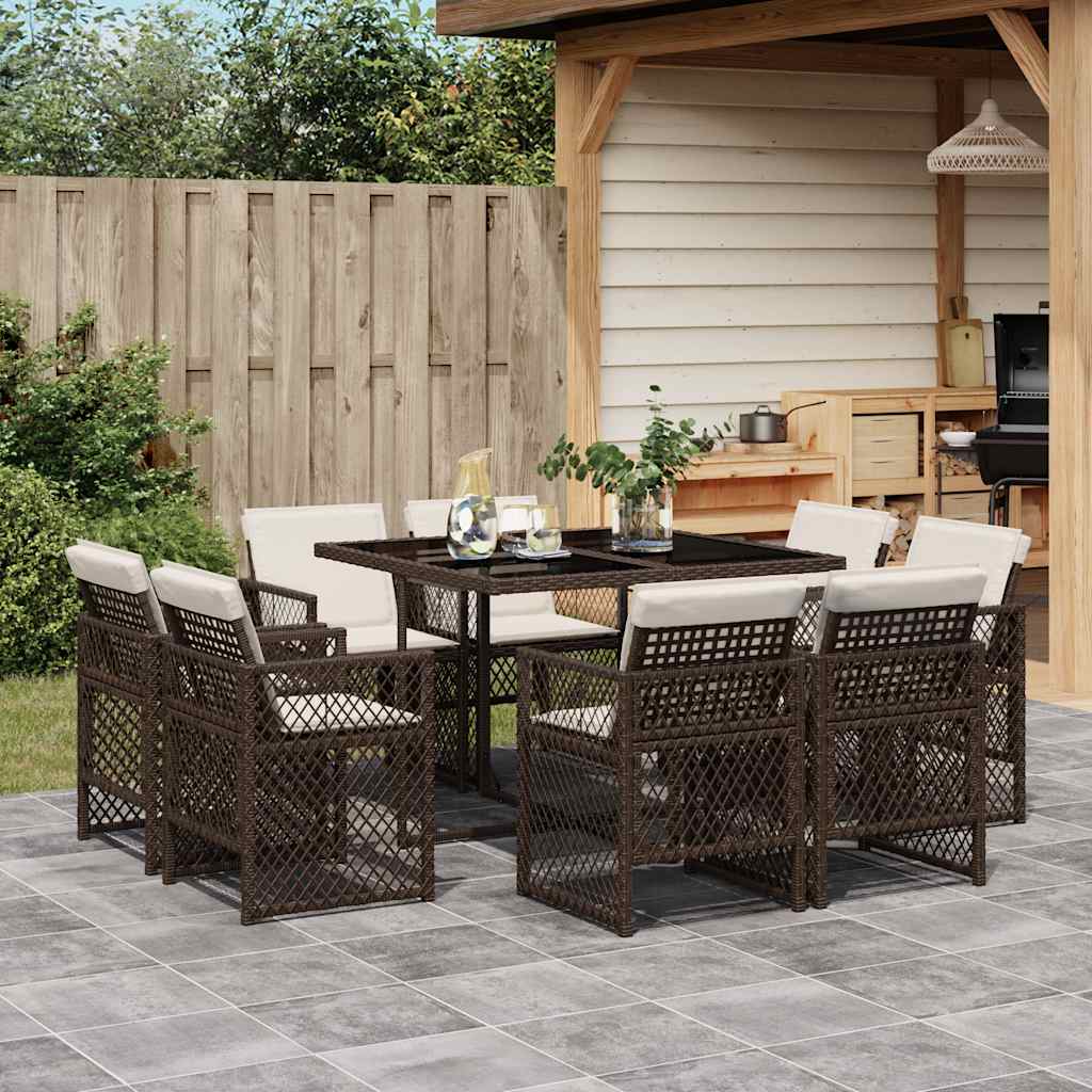 9 Piece Garden Dining Set with Cushions Brown Poly Rattan