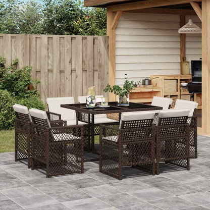 9 Piece Garden Dining Set with Cushions Brown Poly Rattan