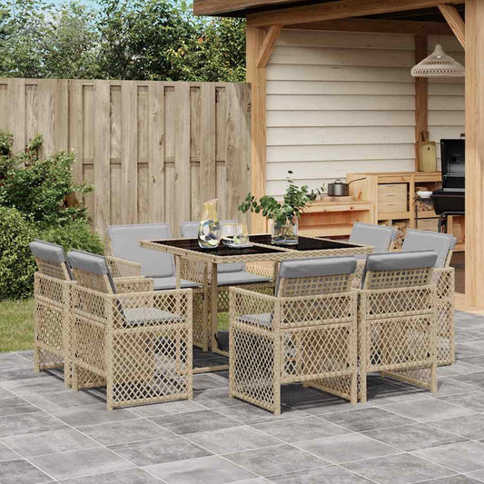 9 Piece Garden Dining Set with Cushions Mix Beige Poly Rattan
