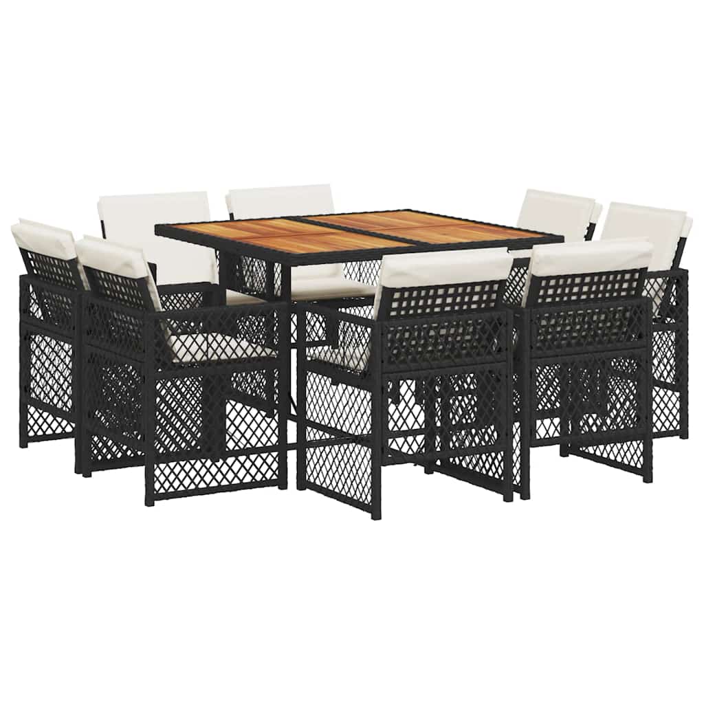 9 Piece Garden Dining Set with Cushions Black Poly Rattan