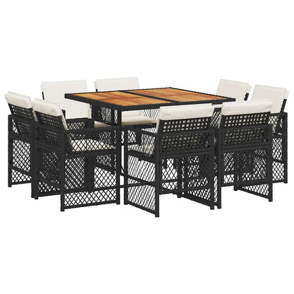 9 Piece Garden Dining Set with Cushions Black Poly Rattan