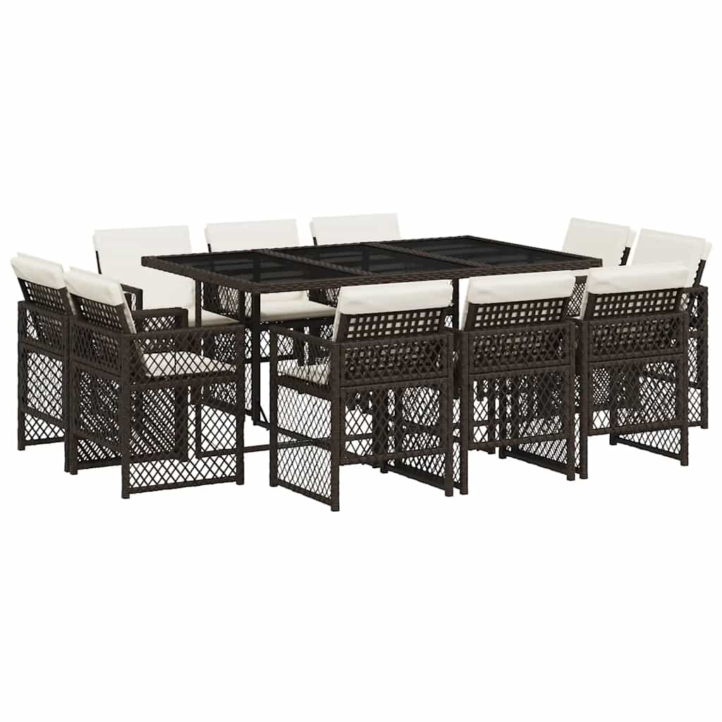 11 Piece Garden Dining Set with Cushions Brown Poly Rattan