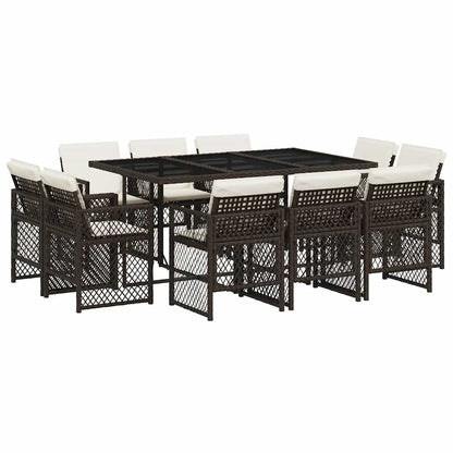 11 Piece Garden Dining Set with Cushions Brown Poly Rattan