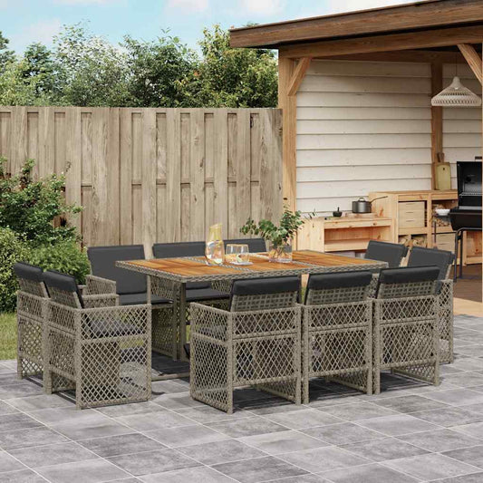 11 Piece Garden Dining Set with Cushions Grey Poly Rattan