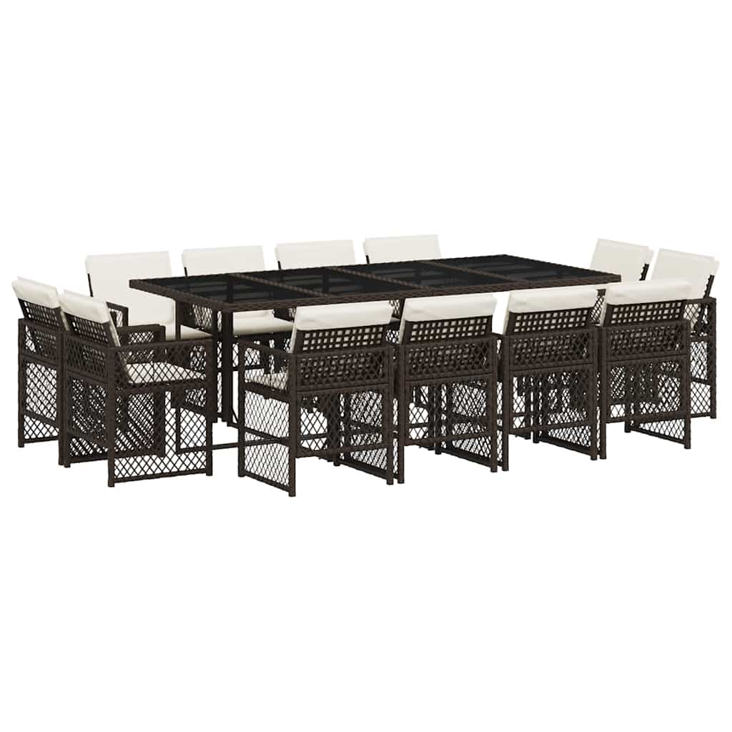 13 Piece Garden Dining Set with Cushions Brown Poly Rattan