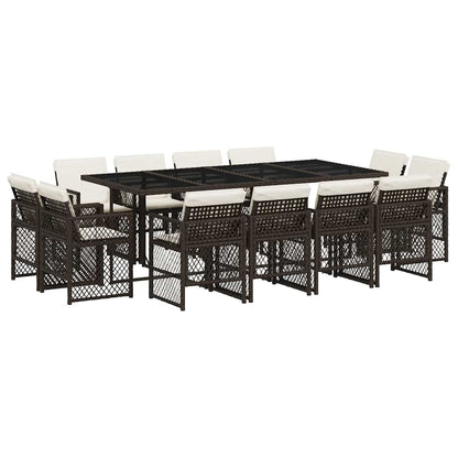 13 Piece Garden Dining Set with Cushions Brown Poly Rattan