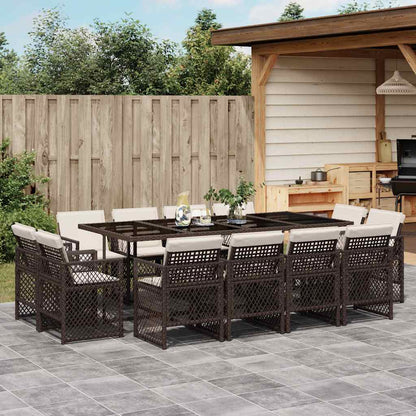 13 Piece Garden Dining Set with Cushions Brown Poly Rattan