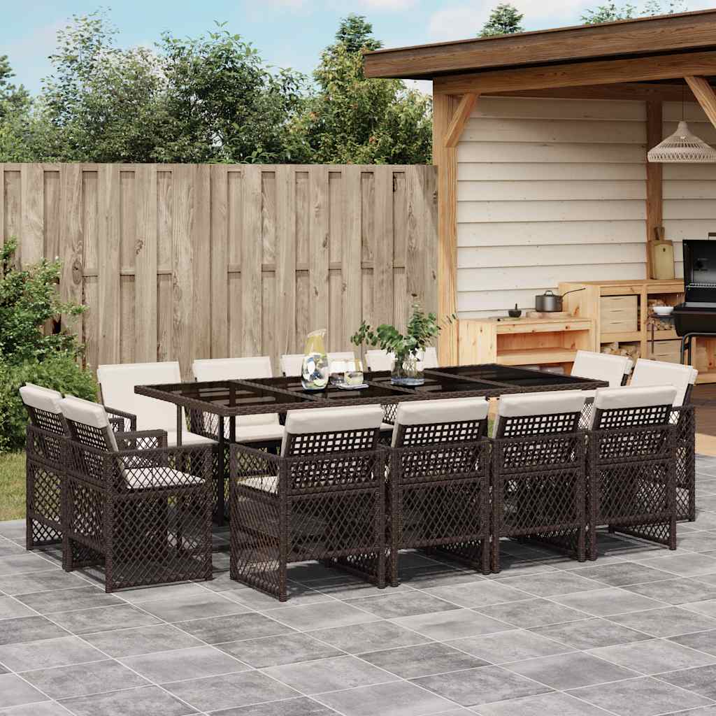 13 Piece Garden Dining Set with Cushions Brown Poly Rattan