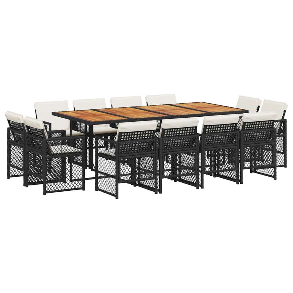 13 Piece Garden Dining Set with Cushions Black Poly Rattan