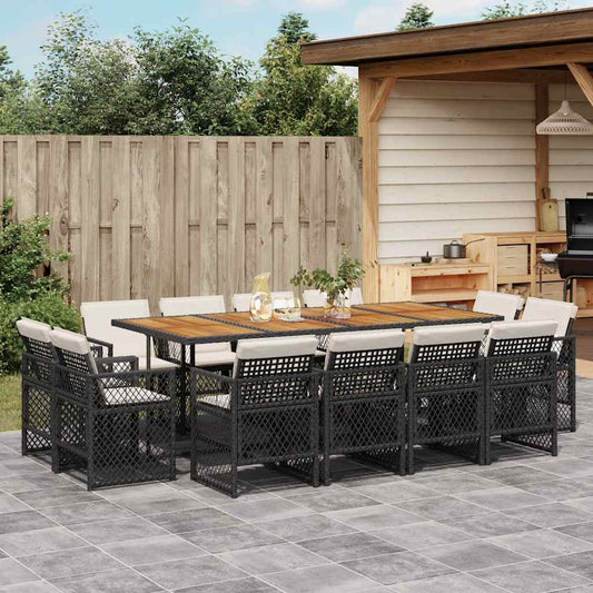 13 Piece Garden Dining Set with Cushions Black Poly Rattan