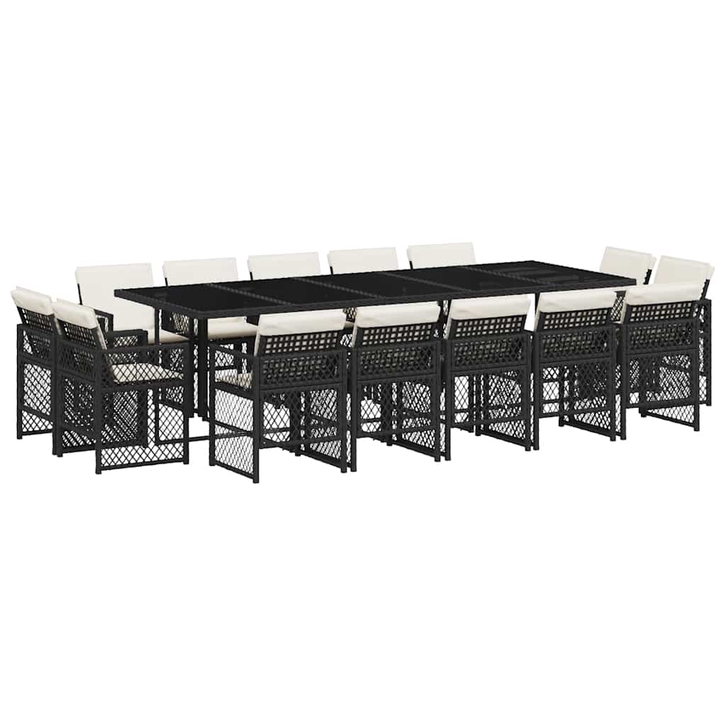 15 Piece Garden Dining Set with Cushions Black Poly Rattan