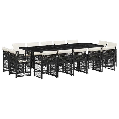 15 Piece Garden Dining Set with Cushions Black Poly Rattan