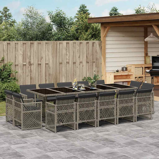 15 Piece Garden Dining Set with Cushions Grey Poly Rattan