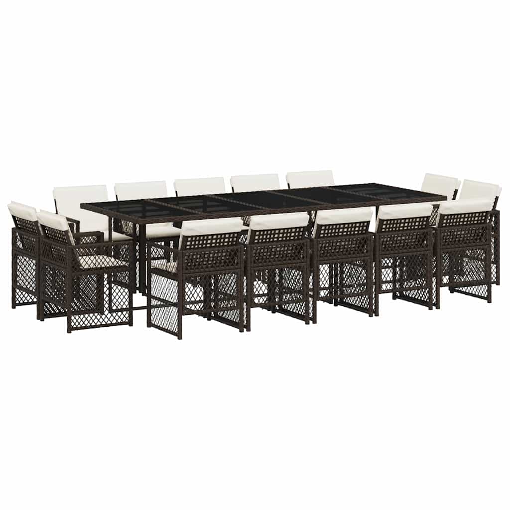 15 Piece Garden Dining Set with Cushions Brown Poly Rattan