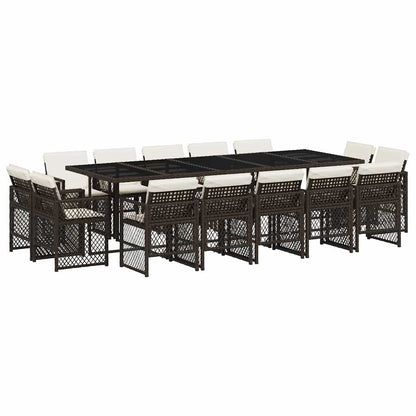 15 Piece Garden Dining Set with Cushions Brown Poly Rattan