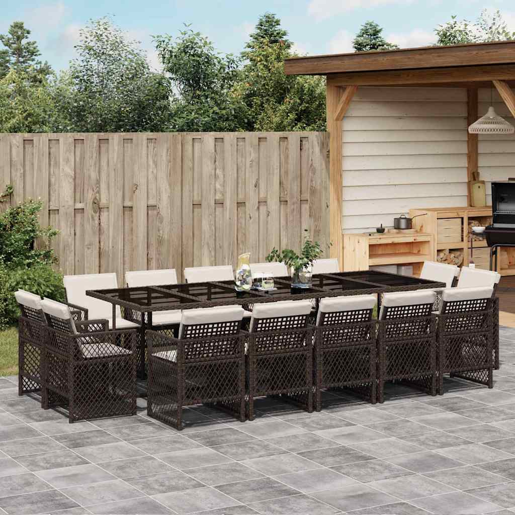 15 Piece Garden Dining Set with Cushions Brown Poly Rattan