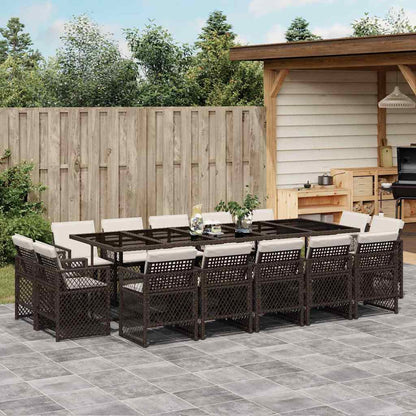 15 Piece Garden Dining Set with Cushions Brown Poly Rattan