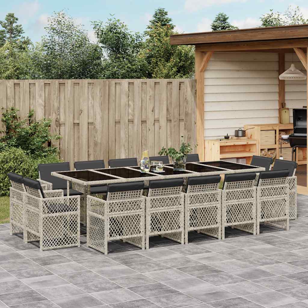 15 Piece Garden Dining Set with Cushions Light Grey Poly Rattan