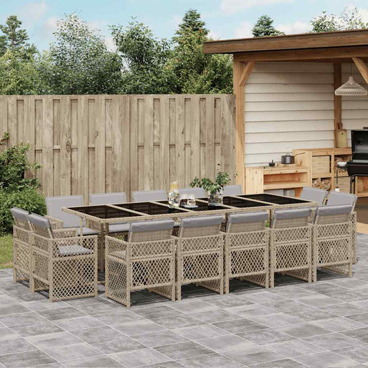 15 Piece Garden Dining Set with Cushions Mix Beige Poly Rattan