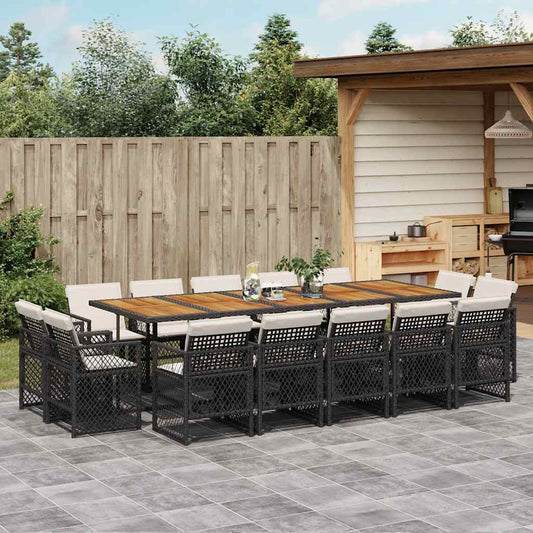 15 Piece Garden Dining Set with Cushions Black Poly Rattan