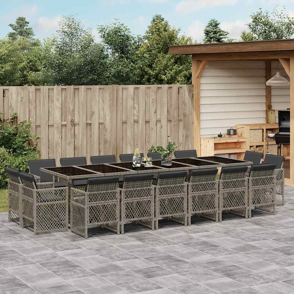 17 Piece Garden Dining Set with Cushions Grey Poly Rattan