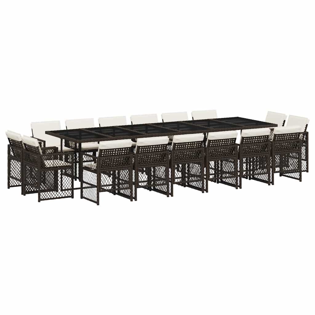 17 Piece Garden Dining Set with Cushions Brown Poly Rattan